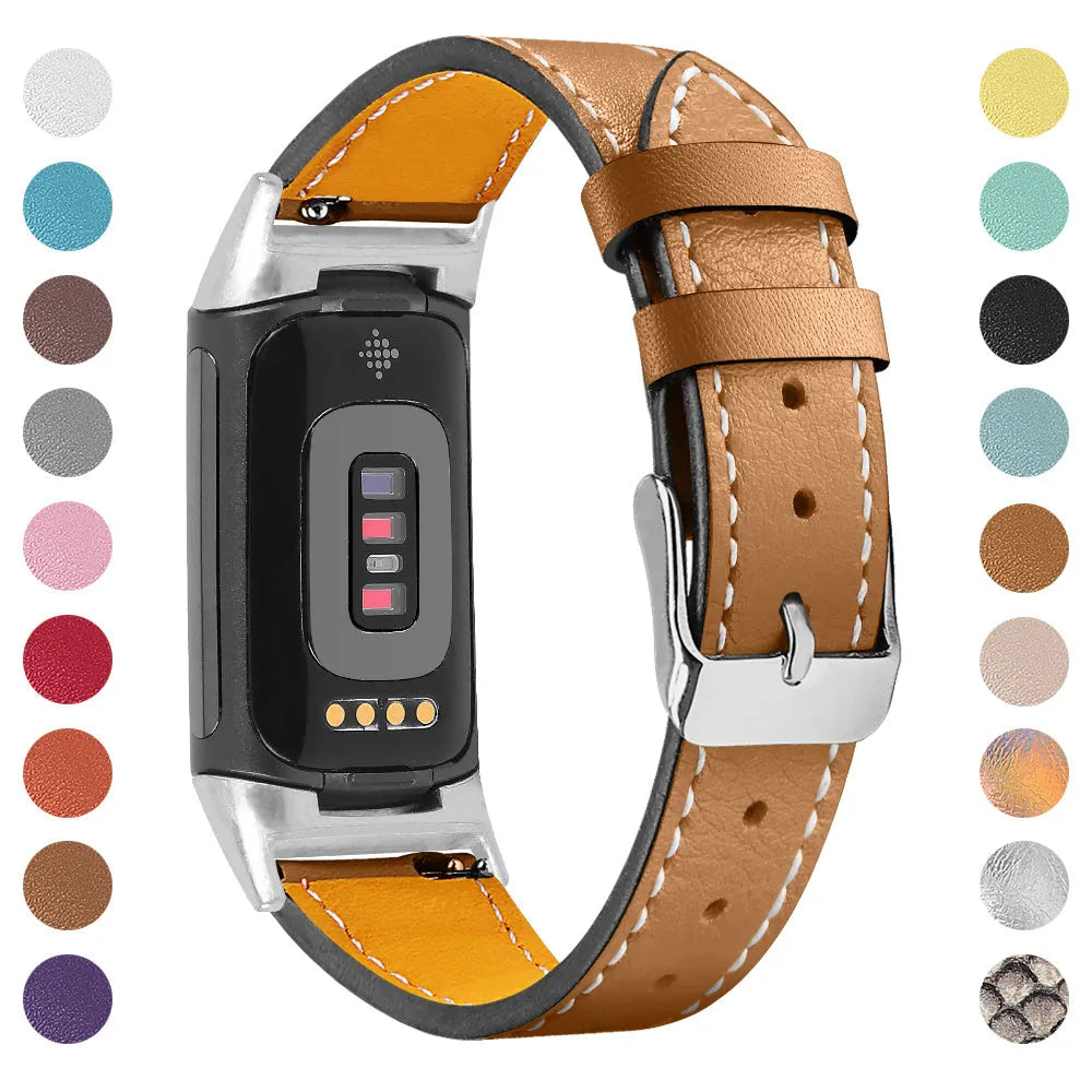 Genuine cowhide leather replacement watch strap for Fitbit Charge 5 and Charge 6 smartwatches.