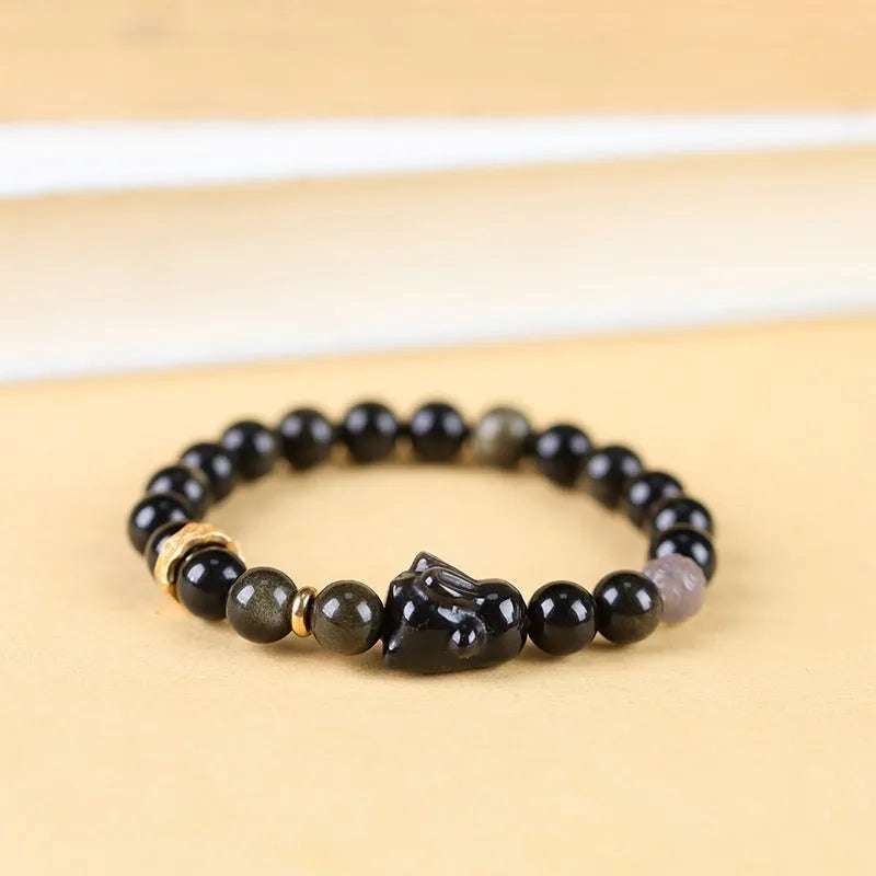 Handmade Chinese national style obsidian bracelet with lying rabbit pendant and mixed material beads