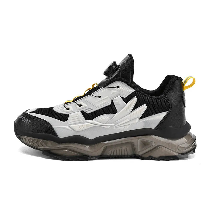 Men's black rotating button dad shoes with mesh upper and platform sole on a white background.
