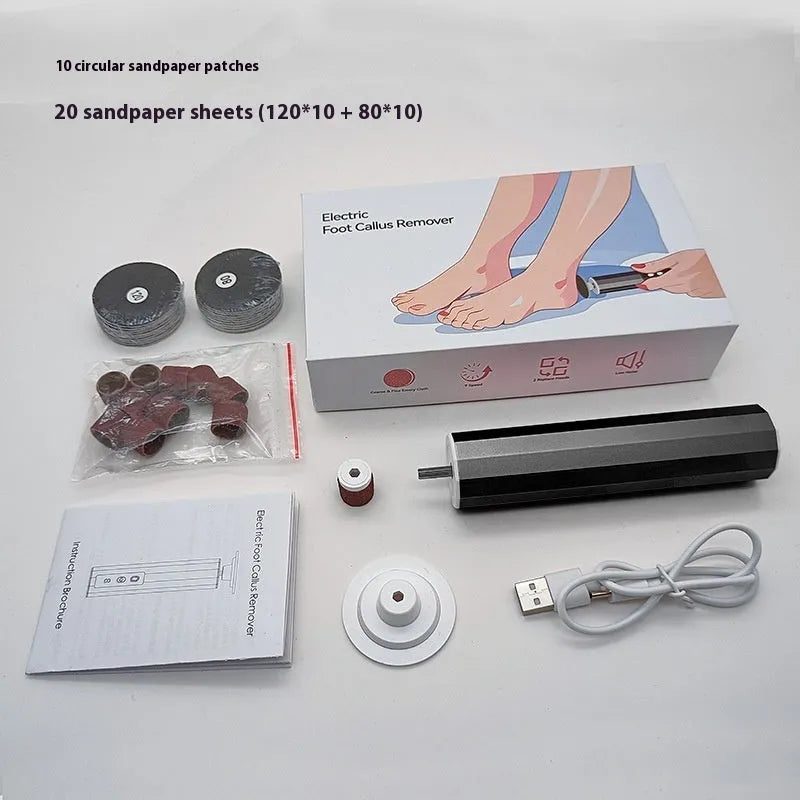 Electric foot callus remover with sandpaper discs in black, pink or purple colour with USB charging cable