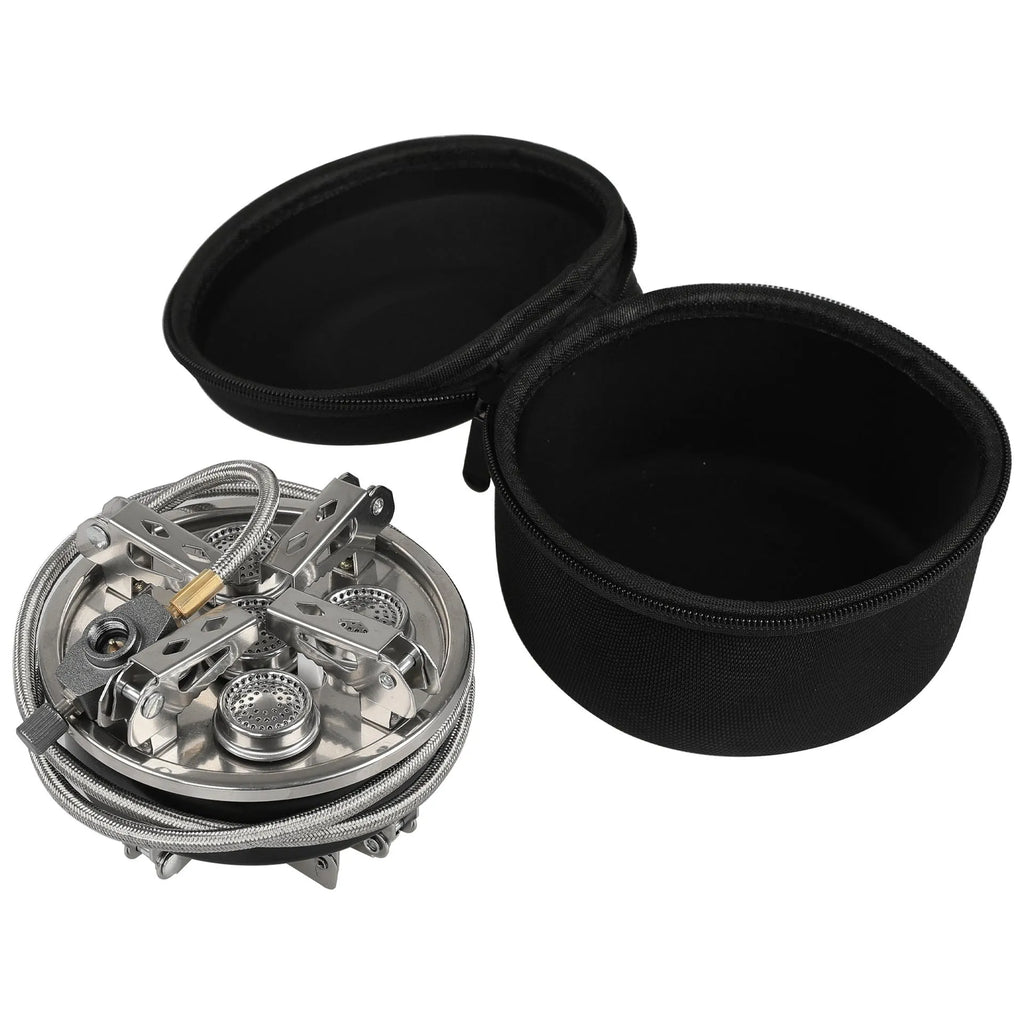 Silver stainless steel split camping stove with foldable design and 100cm gas hose