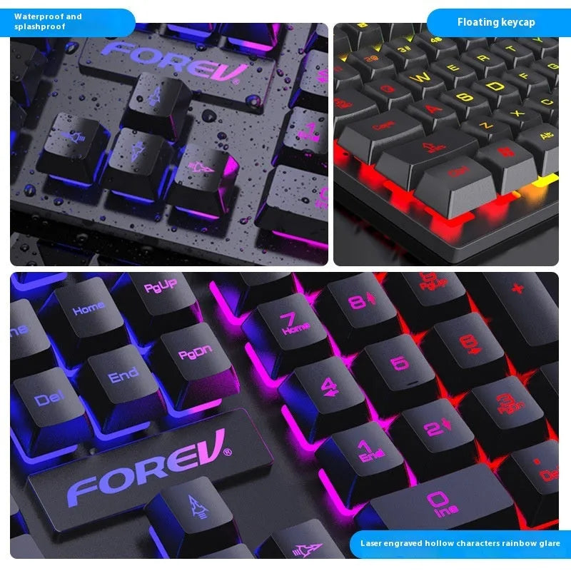 Black gaming keyboard and mouse combo with backlit keys and USB cables