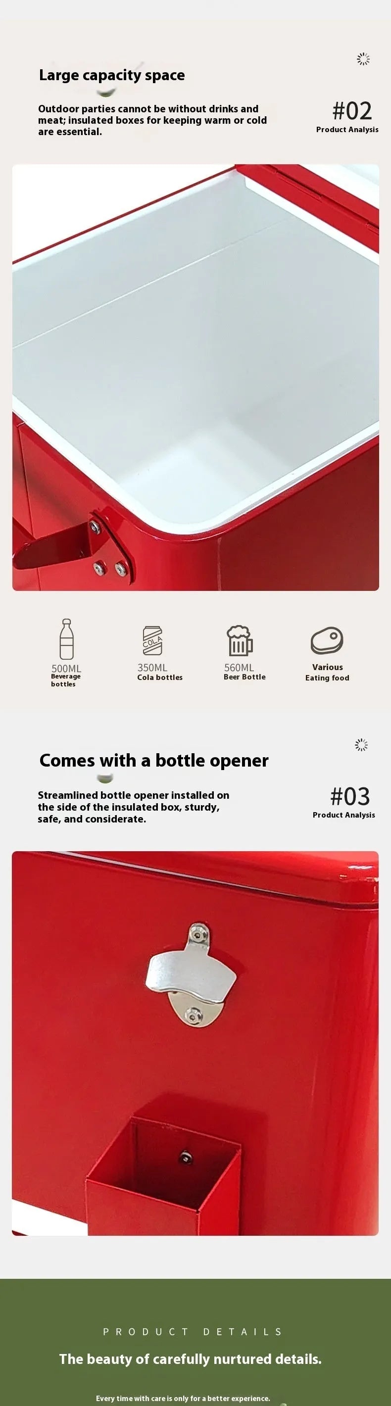 Red outdoor metal insulated trolley with 750ml capacity for picnics.