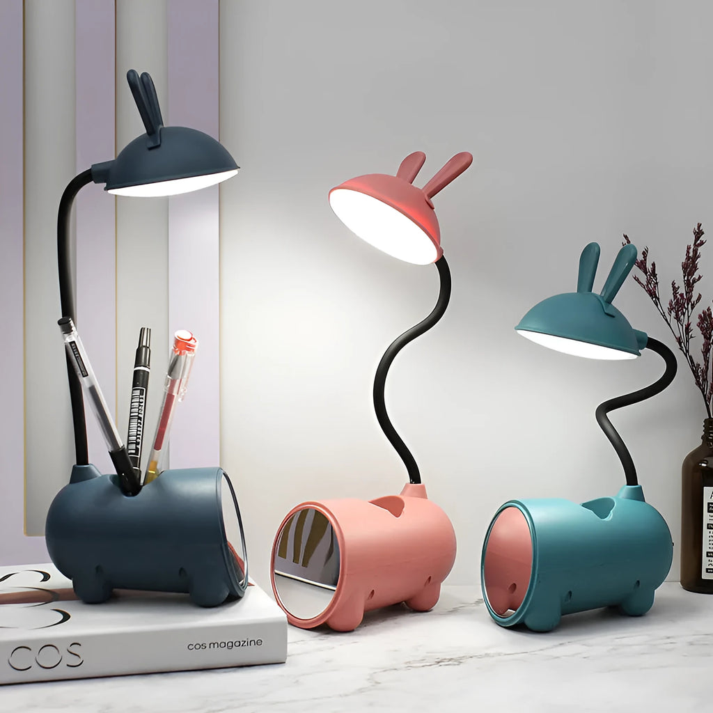 Green cartoon desktop table lamp with USB cable and built-in pen storage compartments