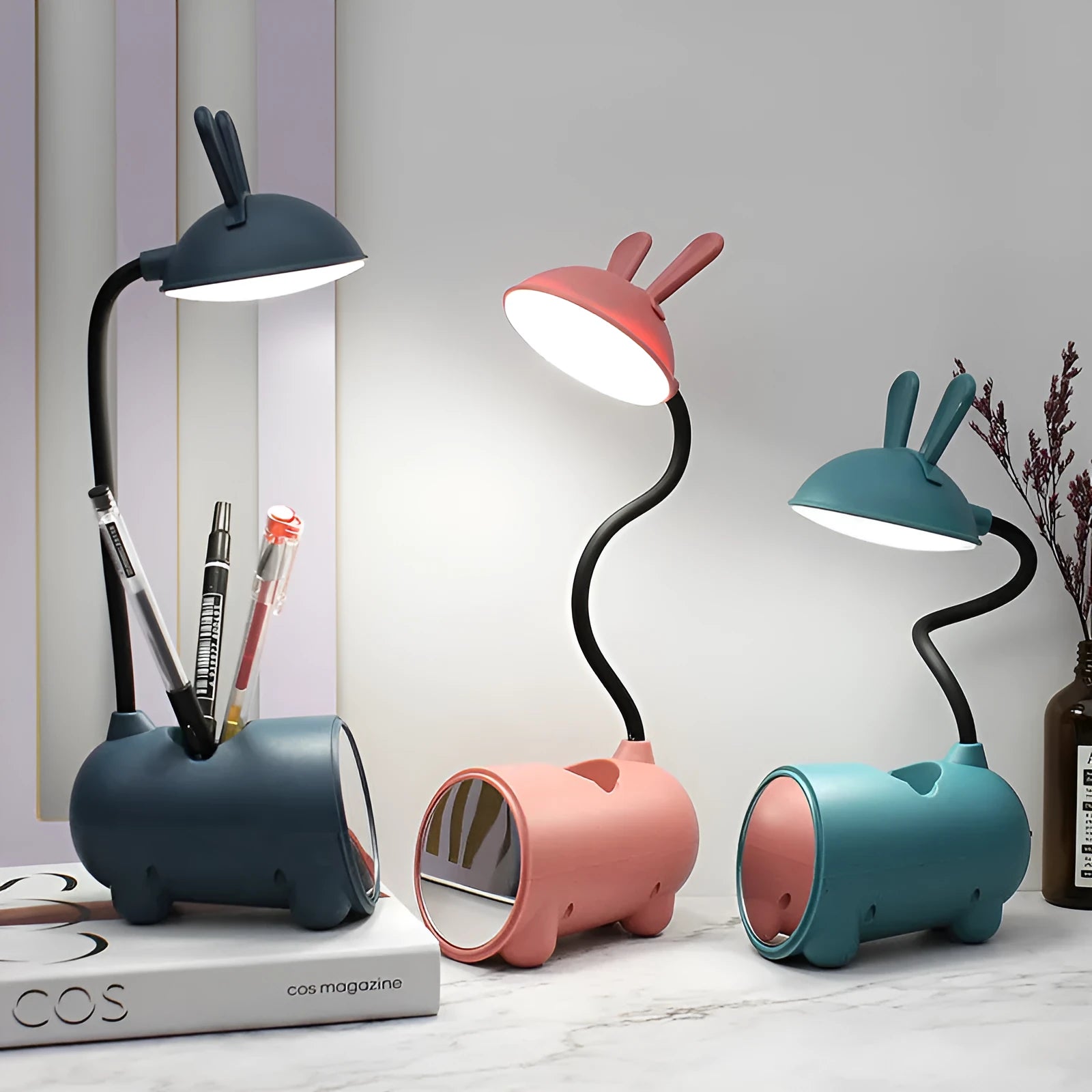 Green cartoon desktop table lamp with USB cable and built-in pen storage compartments