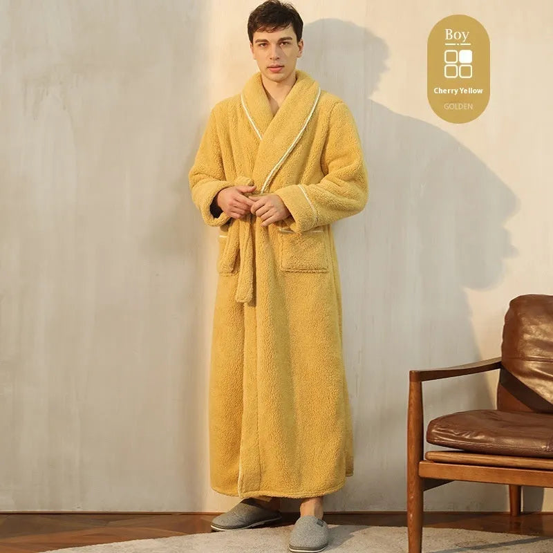 Men's and women's thick flannel bathrobe couple set in winter colours with extended plus sizing