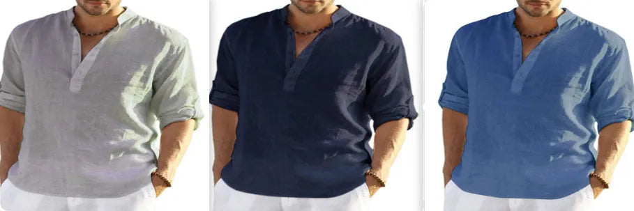 Men's cotton linen long sleeve shirt with stand collar in solid colour options