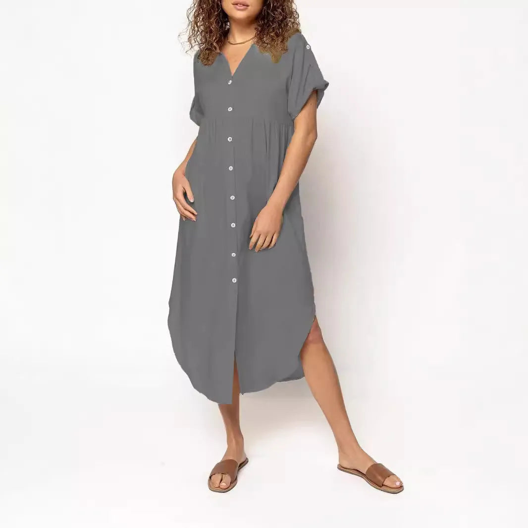 Loose temperament mid-length casual dress with button detailing in polyester fabric
