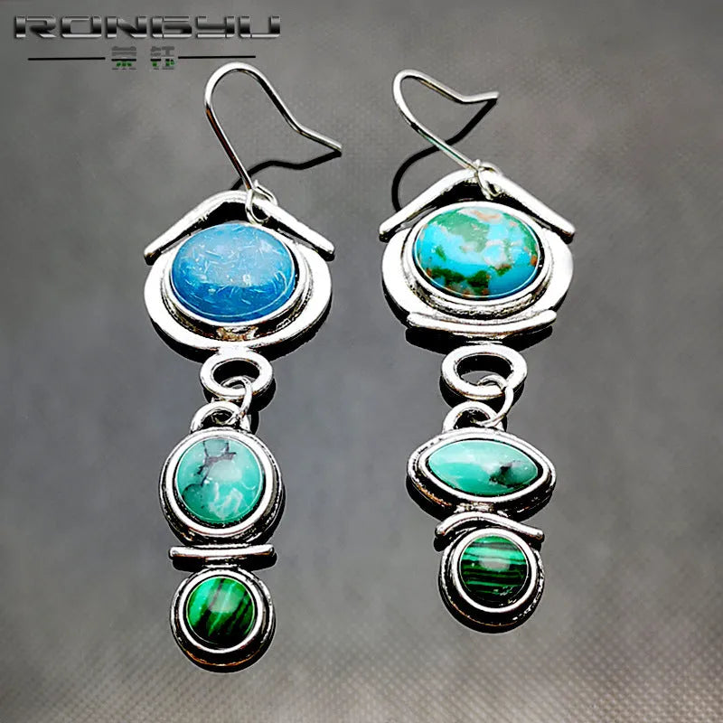 Pair of retro turquoise earrings for women in antique silver electroplated finish with artificial gemstone inlay