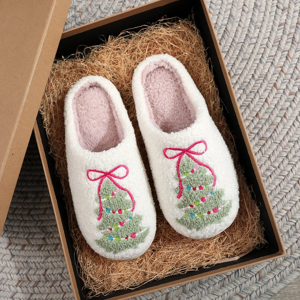Fashion bowknot Christmas tree cotton slippers plush thickening round head for men women