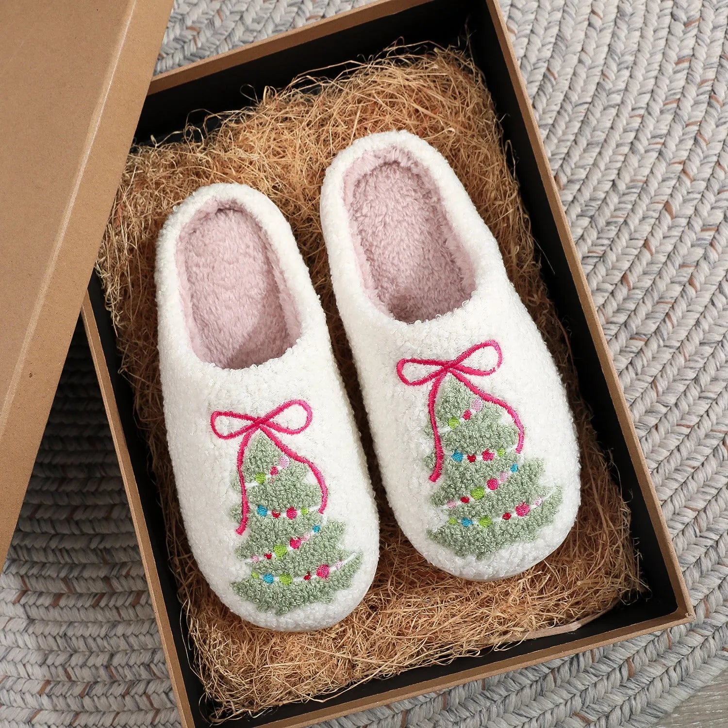 Fashion bowknot Christmas tree cotton slippers plush thickening round head for men women