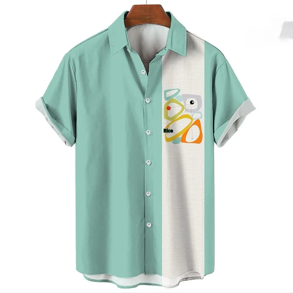 Men's stripe pattern Hawaiian shirt with short sleeves and elastic band construction