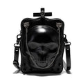 Black Gothic skull crossbody bag with embossed design, square shape, and chain detailing