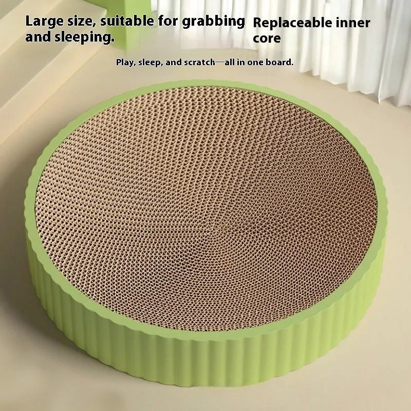 Round green cat scratching board nest with corrugated cardboard surface, 55cm diameter