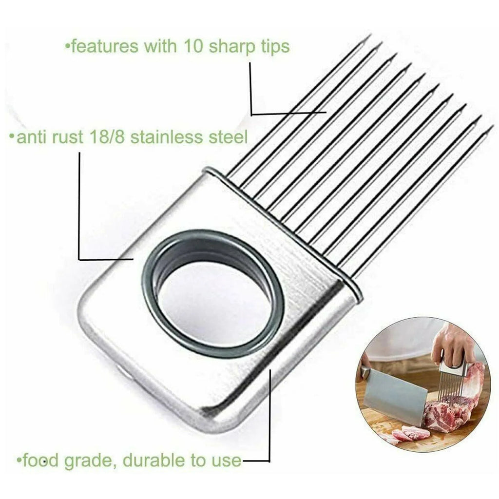 Stainless steel onion holder with ultra-sharp prongs and finger guard protector on a kitchen counter