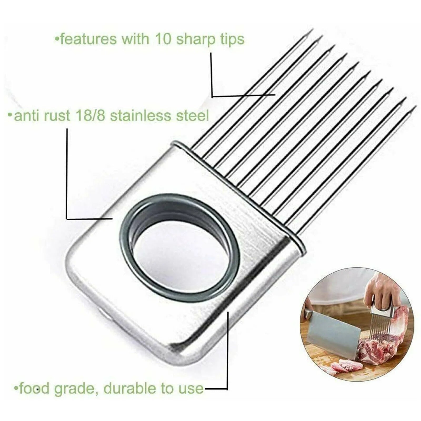 Stainless steel onion holder with ultra-sharp prongs and finger guard protector on a kitchen counter