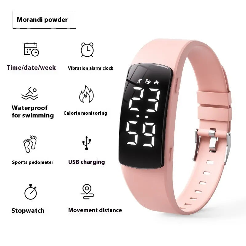 Vibration alarm smart watch with coloured silicone strap and LED display on wrist