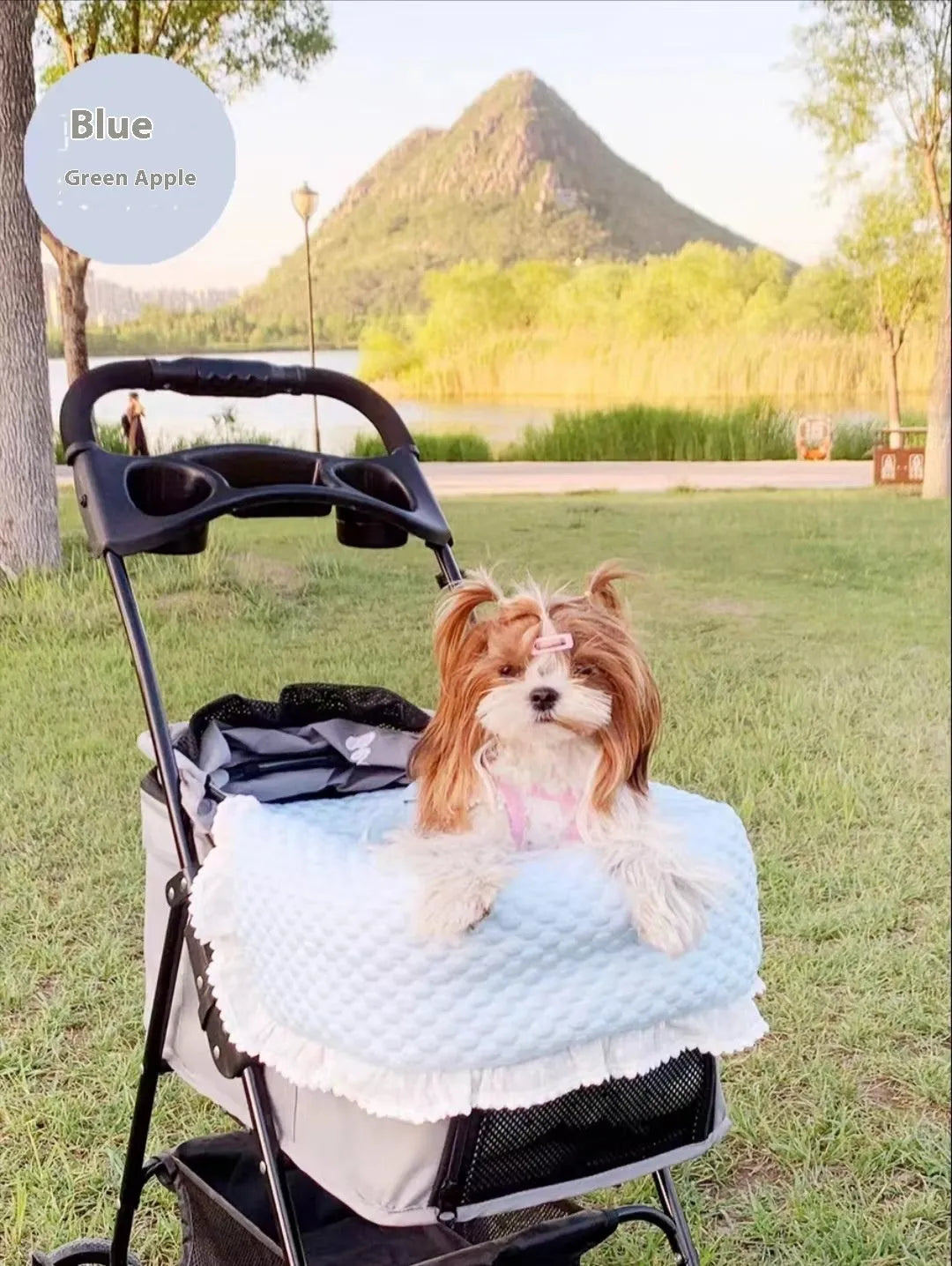 Pet stroller three-piece set showing removable cotton towel, cushion and pillow for cats and dogs