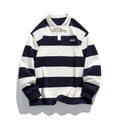 Hong Kong style striped lapel polo shirt in pearl cotton, shown in loose fit on a model.