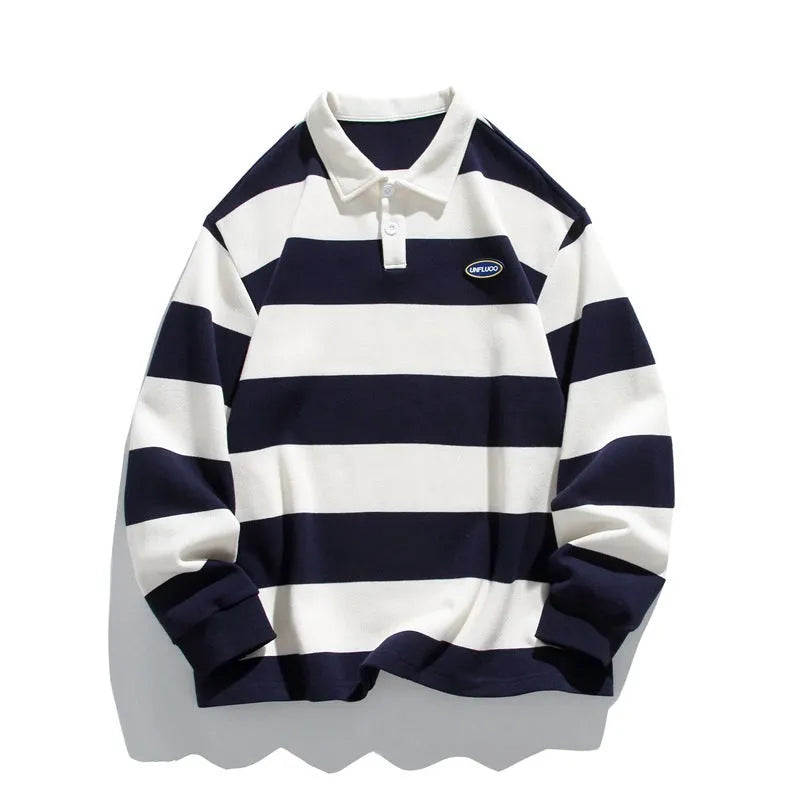 Hong Kong style striped lapel polo shirt in pearl cotton, shown in loose fit on a model.