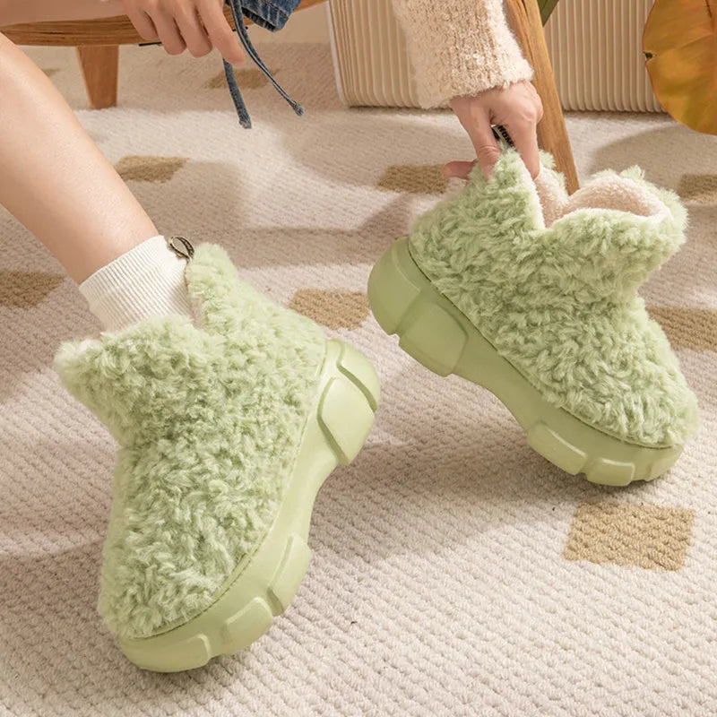 Winter Cashmere Snown Boots women 6cm platform plush upper artificial fur lining round toe flat heel green colour