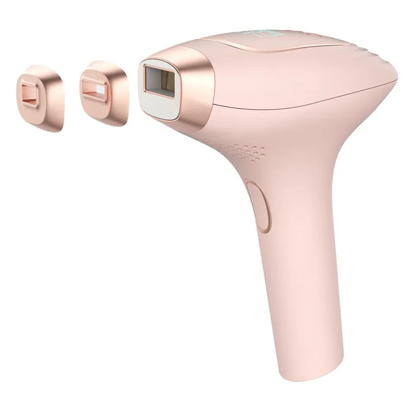 Pink and white three-in-one ice-sensing laser hair removal device with shaver and accessories.