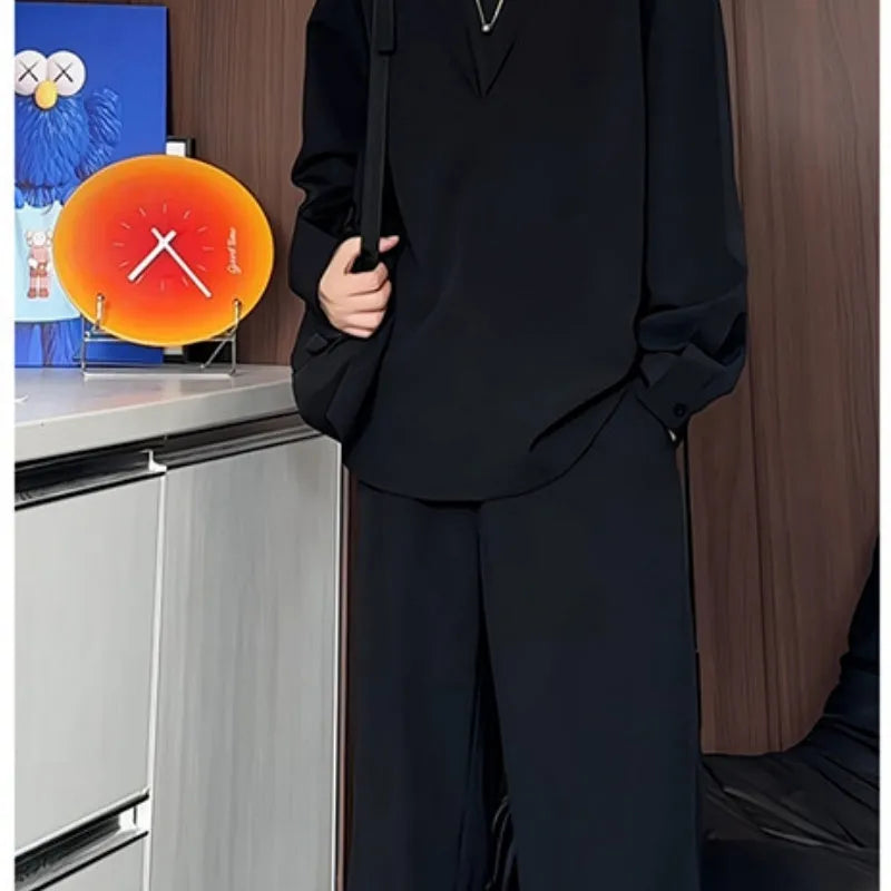Men's black long sleeve polo shirt and trousers two-piece suit set with slim fit styling