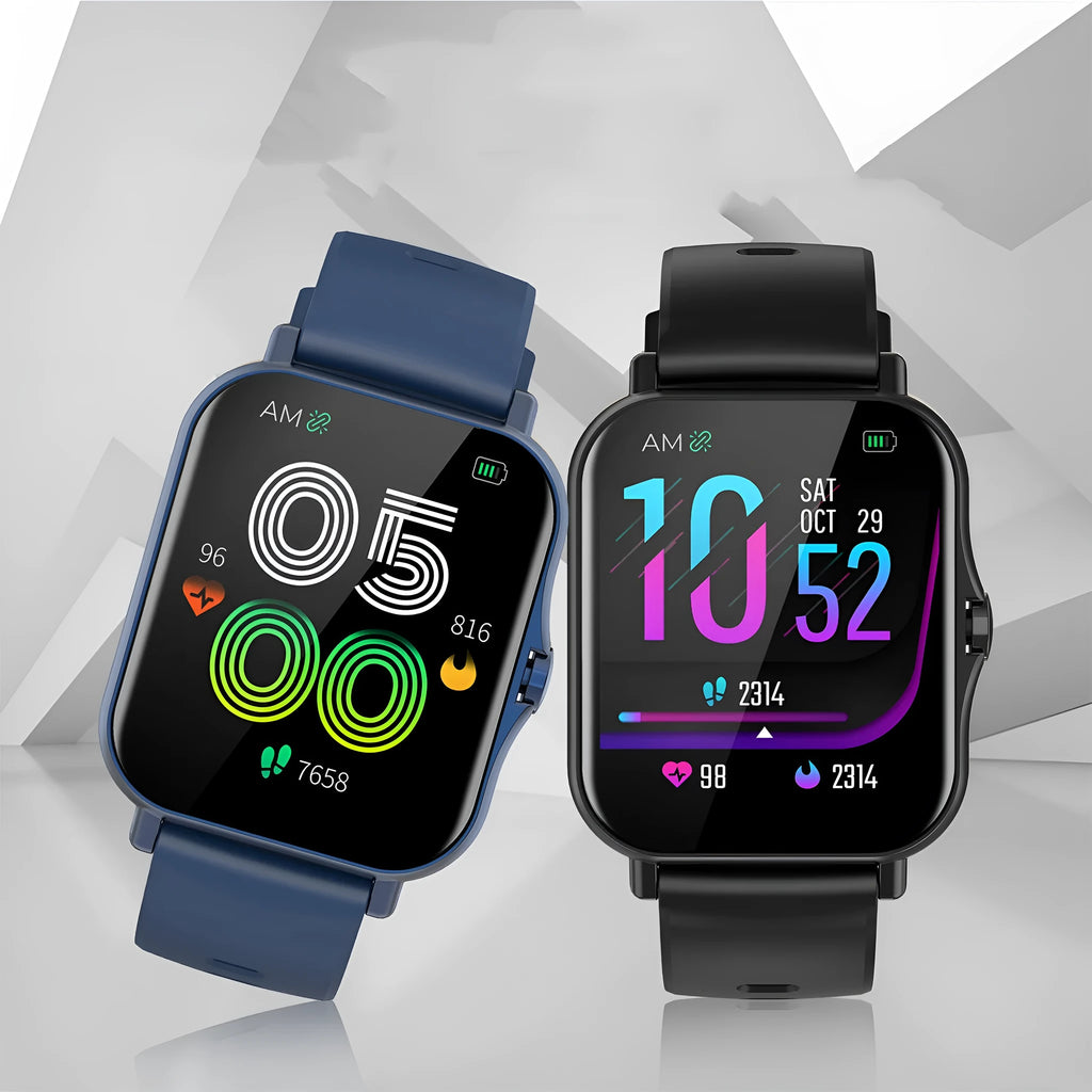 W10 smart watch in black showing heart rate and blood pressure on its 1.75 inch curved touch screen.