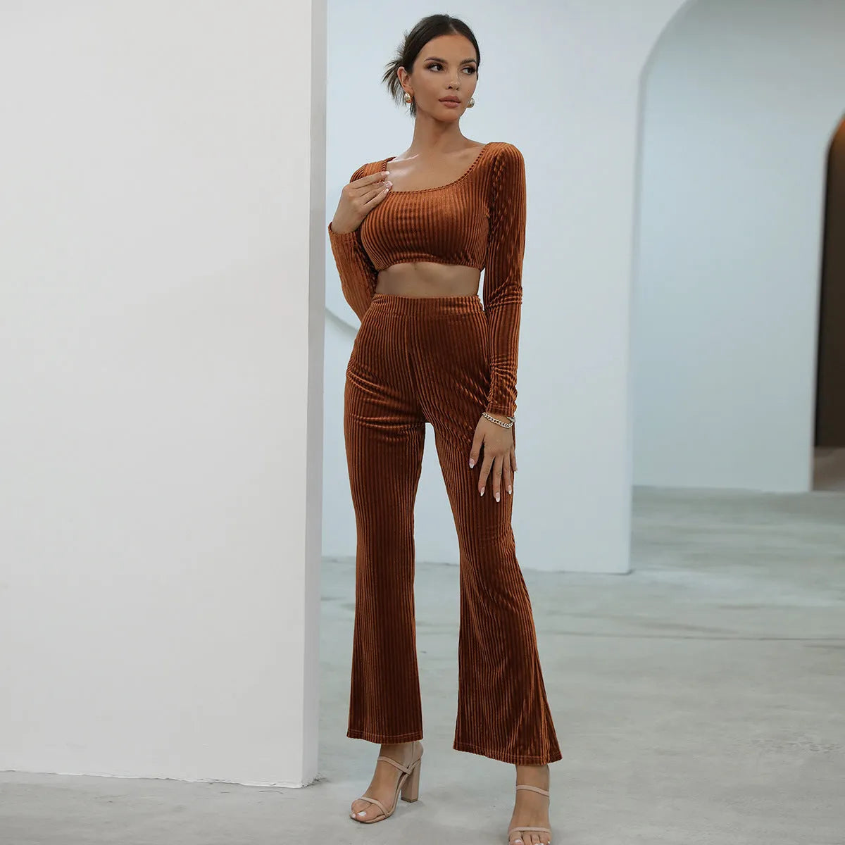 Caramel coloured long sleeve casual sweater set with matching trousers