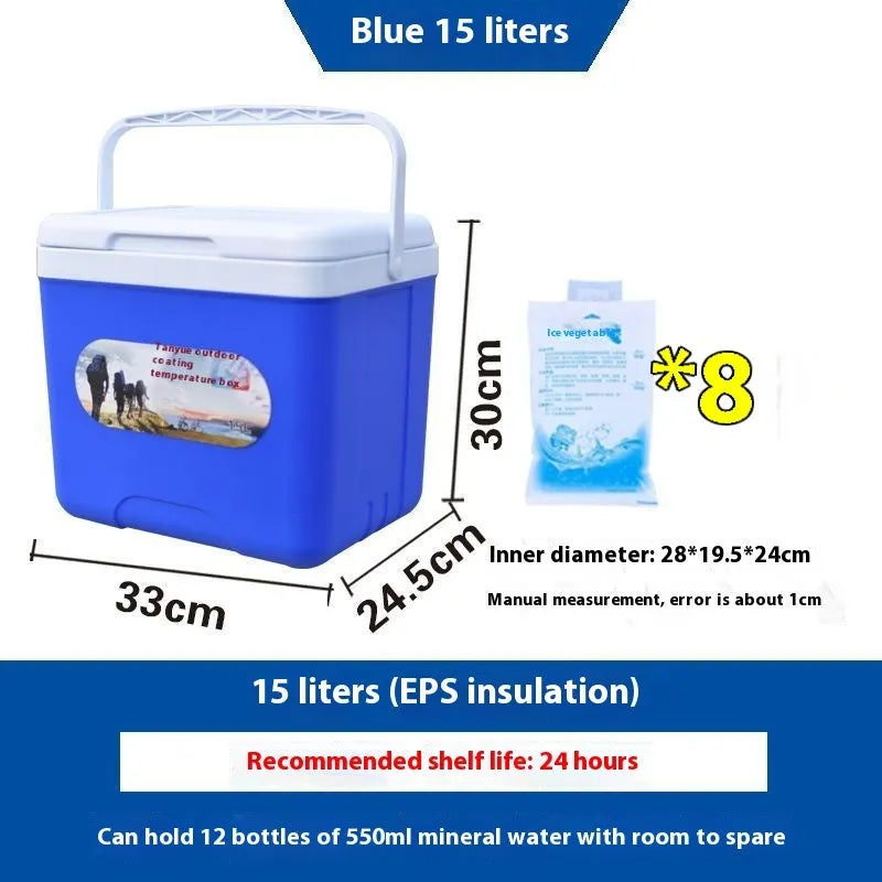 Blue portable insulated cooler box with aluminium foil interior, shown with lid open.