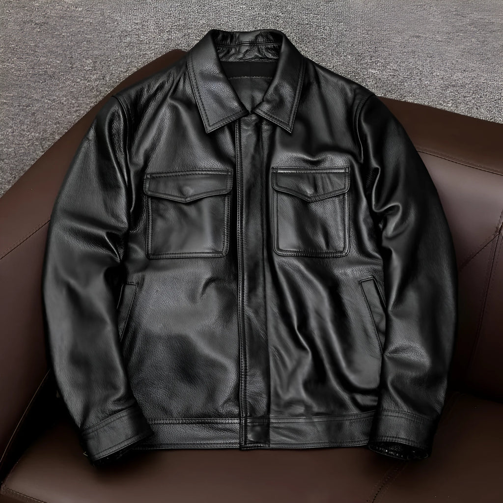 Men's black retro-style lapel short PU leather jacket with side pockets on a mannequin.