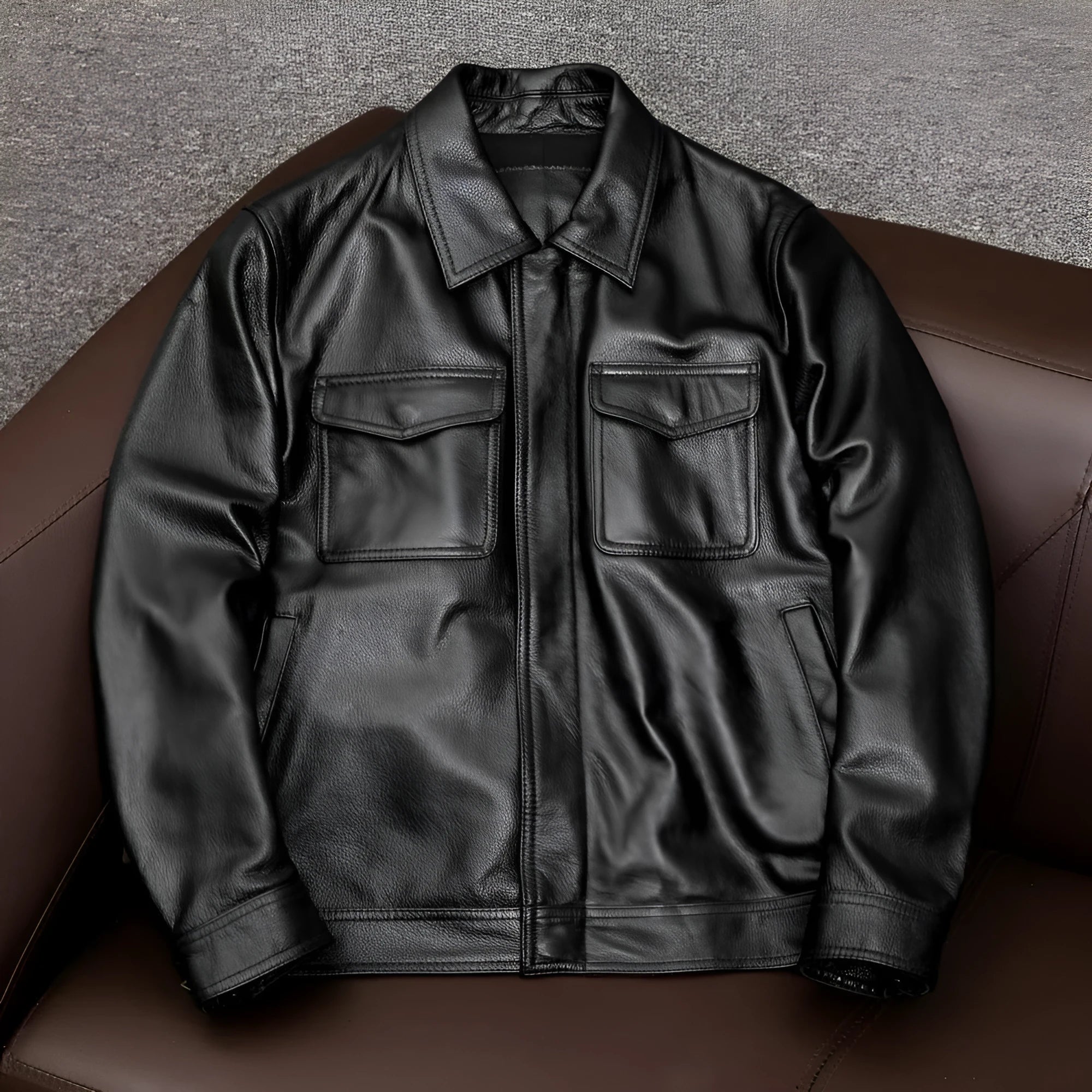 Men's black retro-style lapel short PU leather jacket with side pockets on a mannequin.