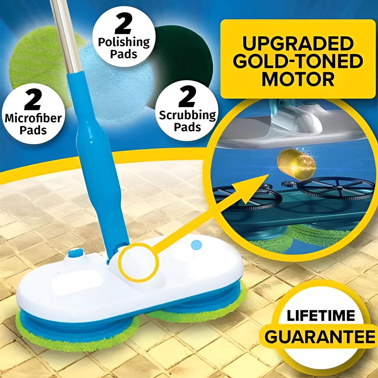 Hand-held wireless electric floor mop with USB charging port and a set of cleaning pads.