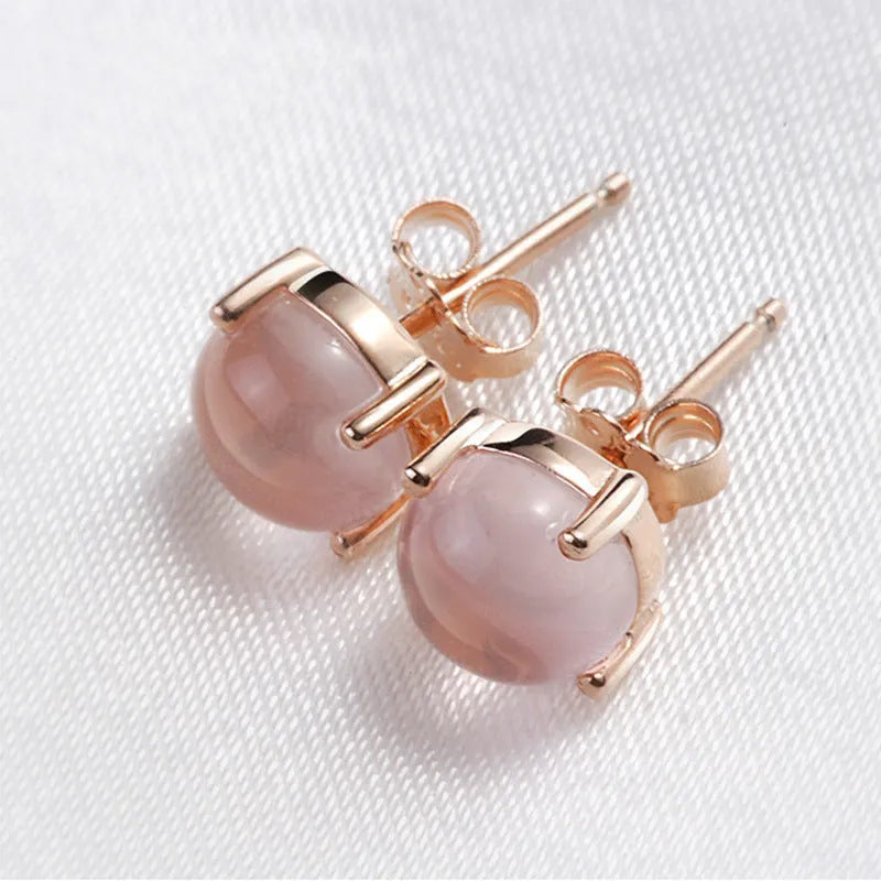 Women's rose gold drop shape stud earrings with synthetic ross quartz stone Korean style design