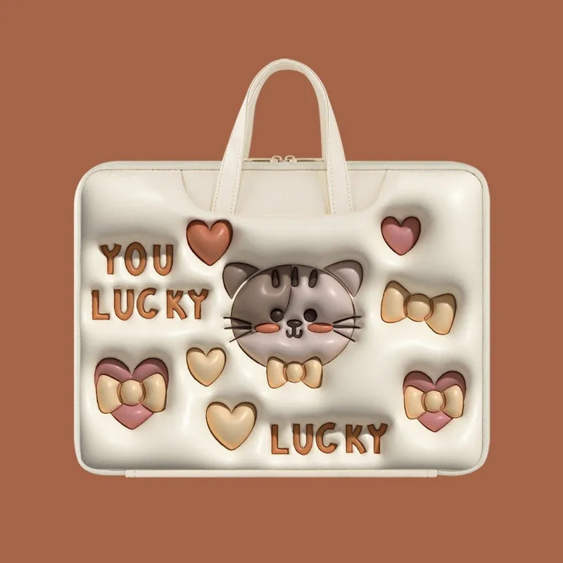 Inflatable grey laptop bag with a cute panda design, showing the inflation valve and back strap for attaching to suitcase handle.