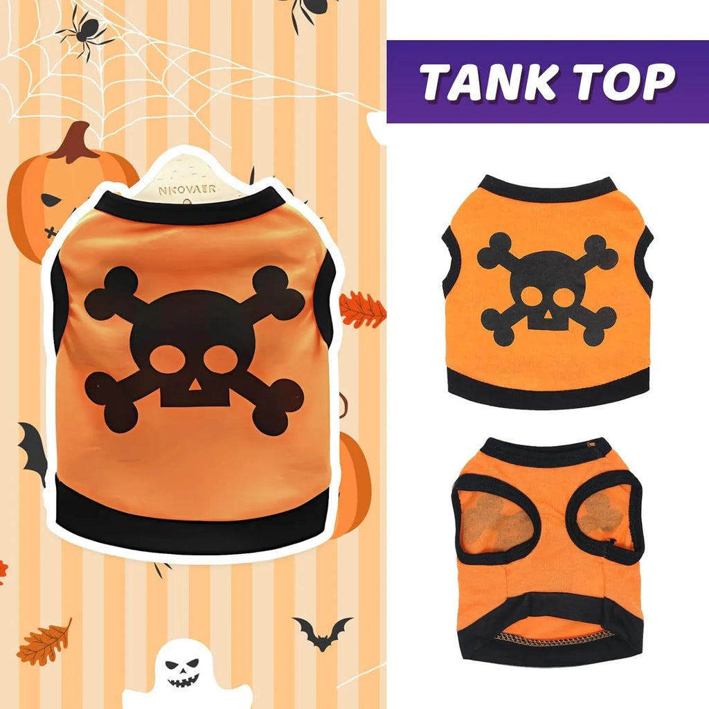 Dog wearing cotton tank top with skull and bones pattern in colour blocking design
