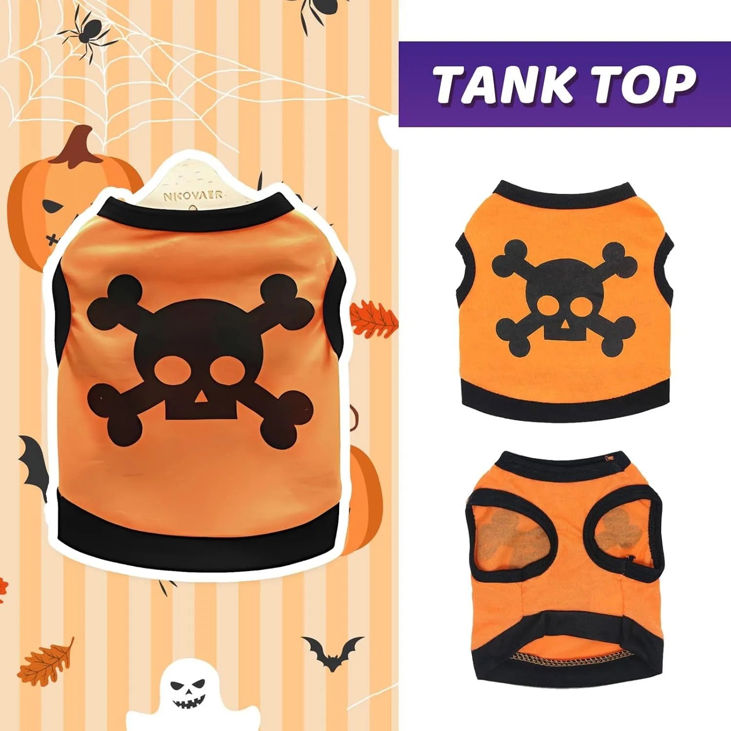 Dog wearing cotton tank top with skull and bones pattern in colour blocking design