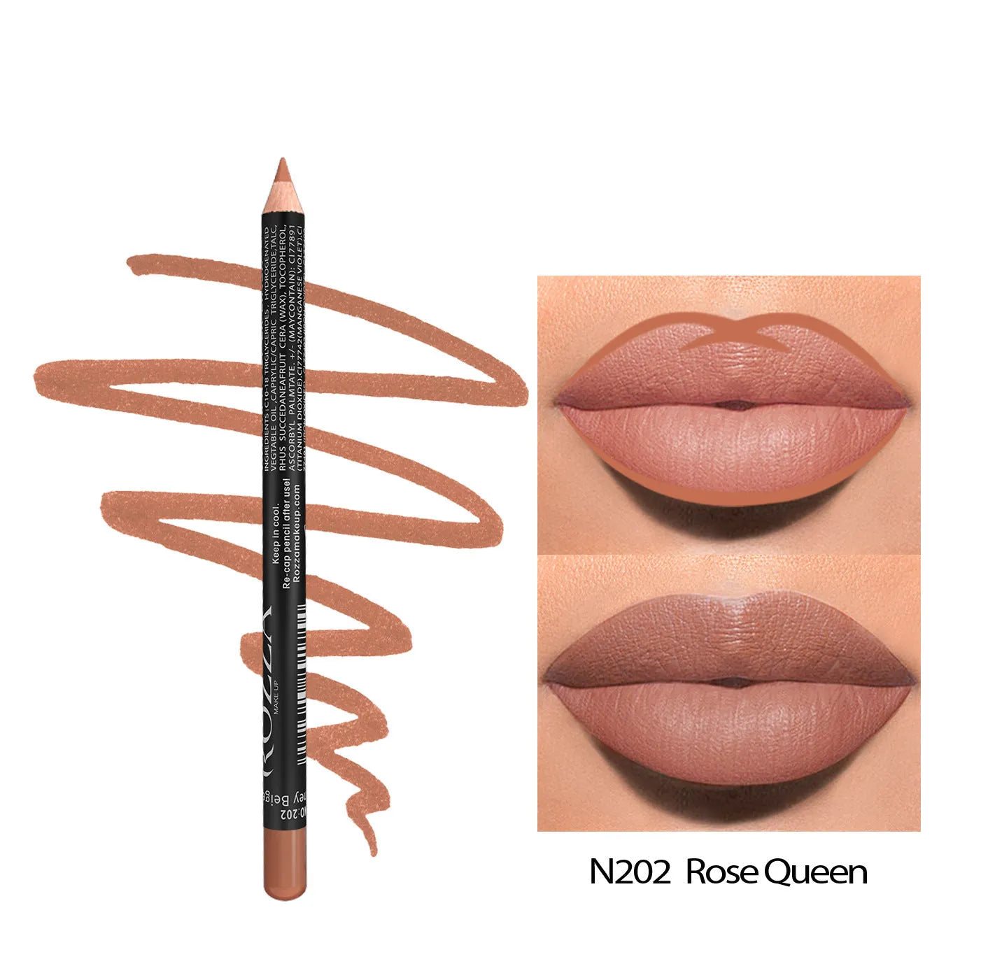 Wood-cased matte lip liner pencil in one of fourteen shades, shown on a hand