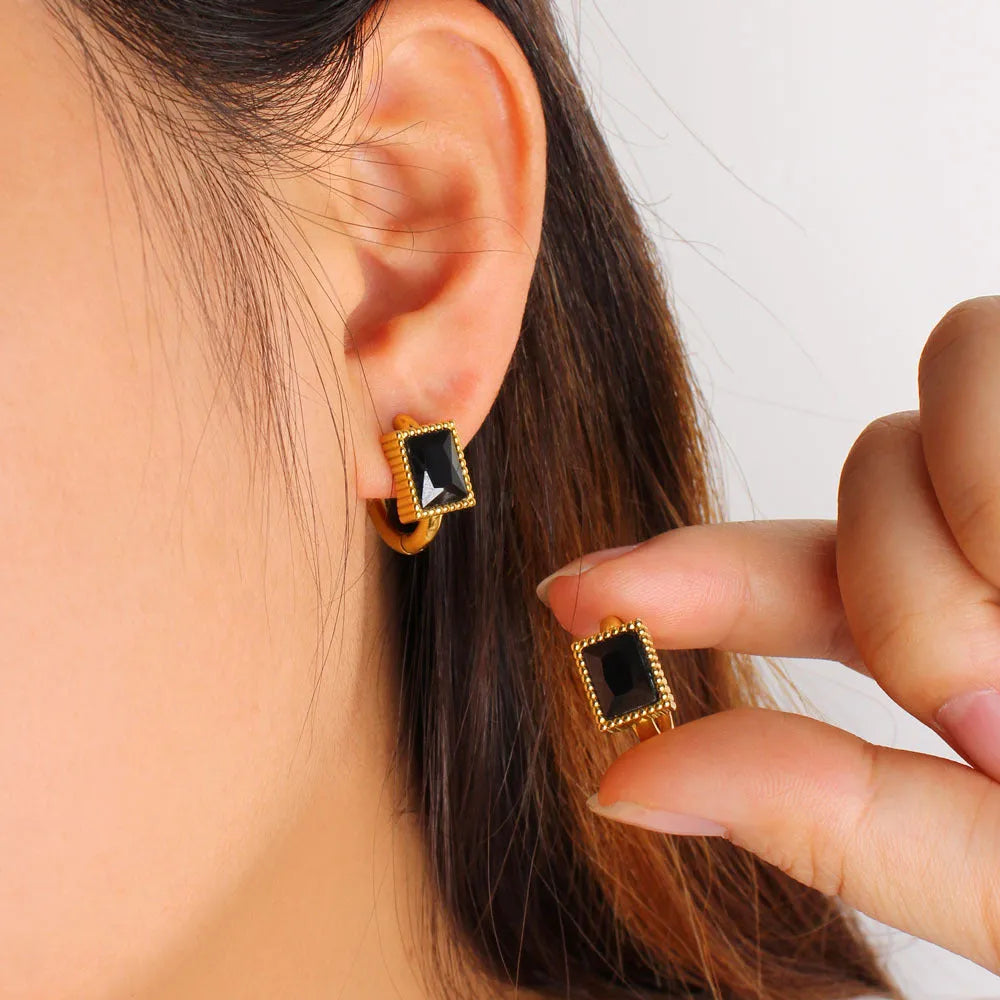 Square zircon stainless steel geometric earrings in black, green and white colours