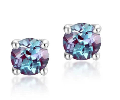 Round geometric silver ear studs with cultivé Alexandrite stone for women