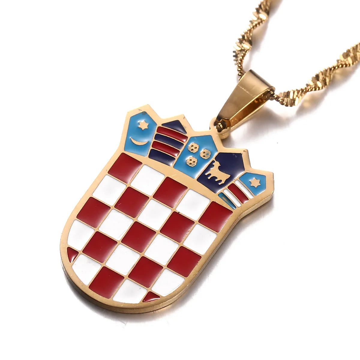 Stainless steel oil drop necklace in gold electroplated finish on white background
