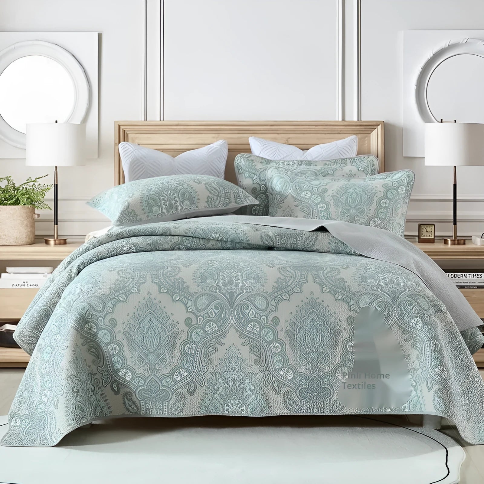 Pure cotton bedspread three-piece set with geometric printed pattern for 1.8 metre beds