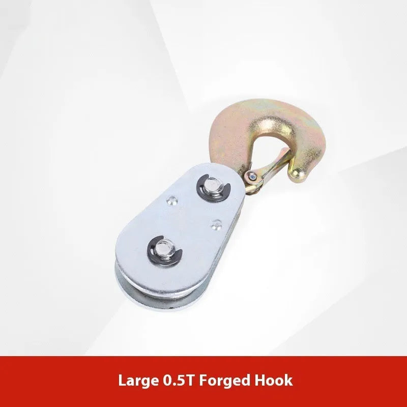 Red industrial lifting pulley with a forged steel safety hook and single wire rope wheel.