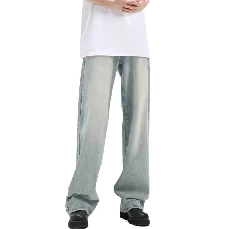 Blue retro trousers with rabbit fur fabric and high elasticity in loose casual fit