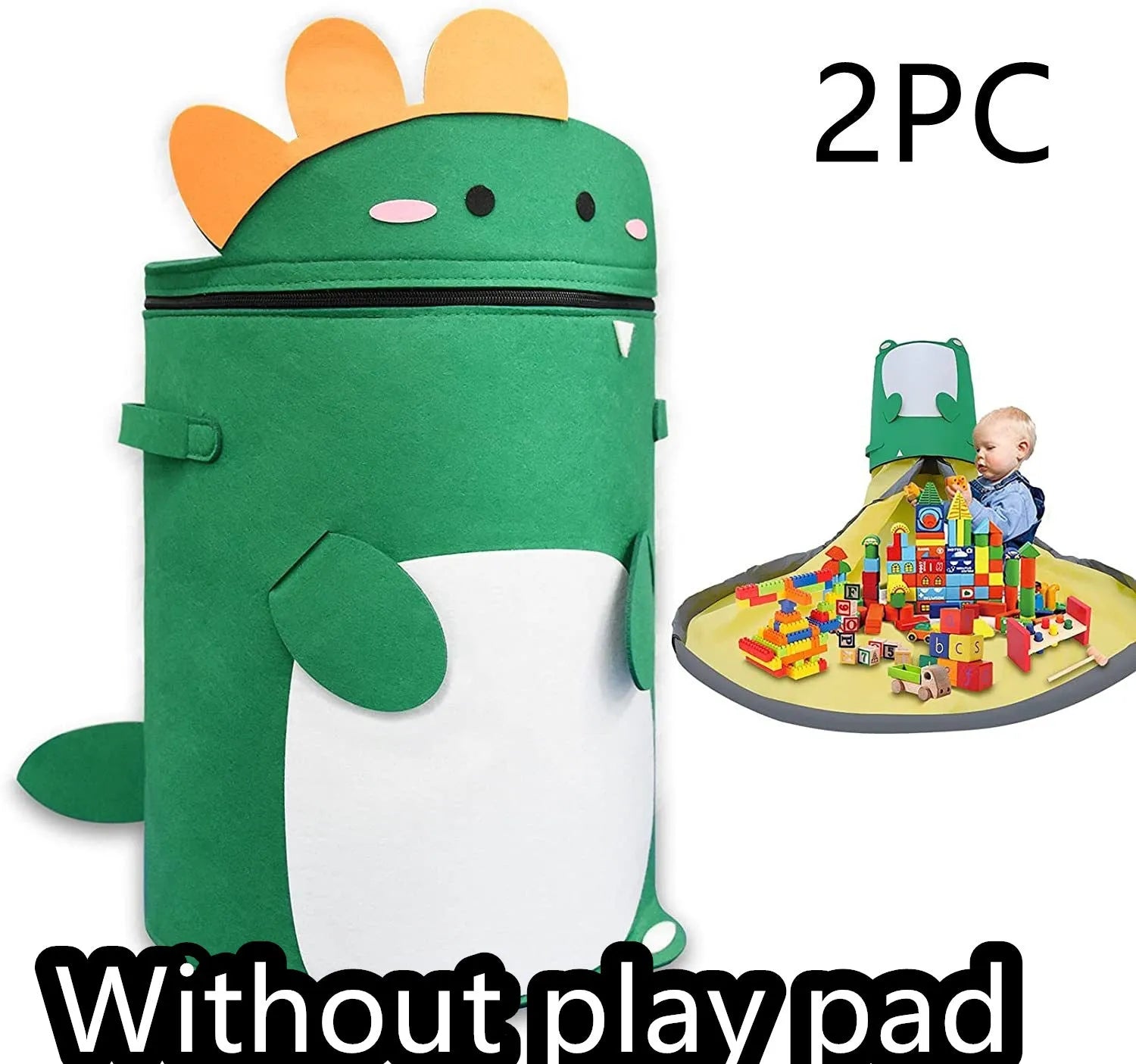 Green felt cube storage bag with pull rope, laid flat as a play mat for toys.