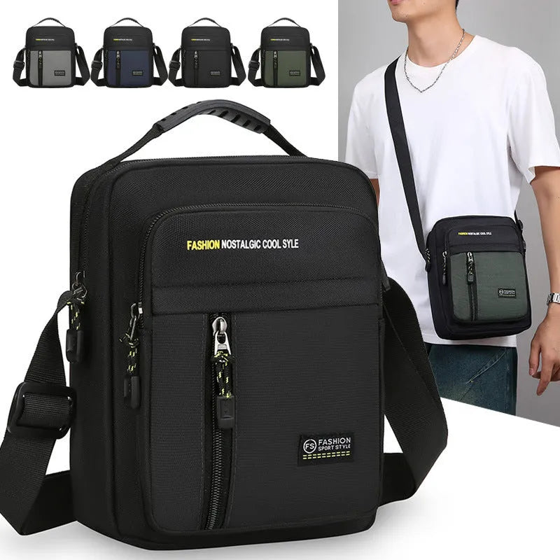 Men's casual nylon crossbody messenger bag in green, shown from the front with sewing thread detail.