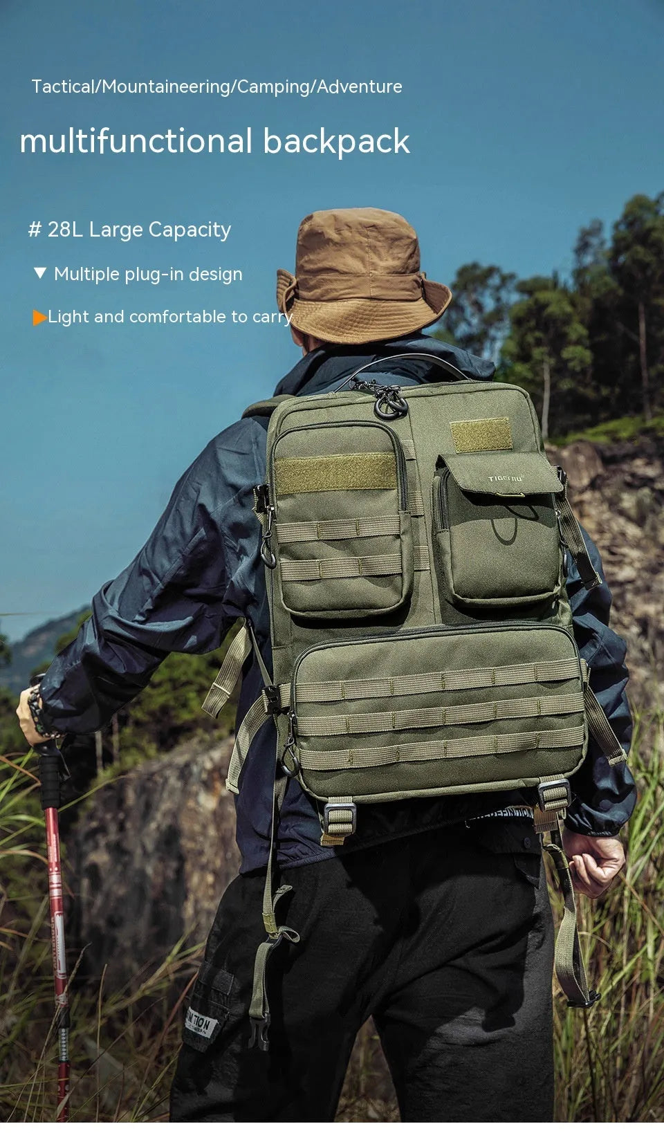 Army Green waterproof tactical backpack with 17-inch frame and 20-35 litre capacity