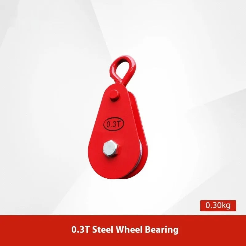 Red industrial lifting pulley with a forged steel safety hook and single wire rope wheel.