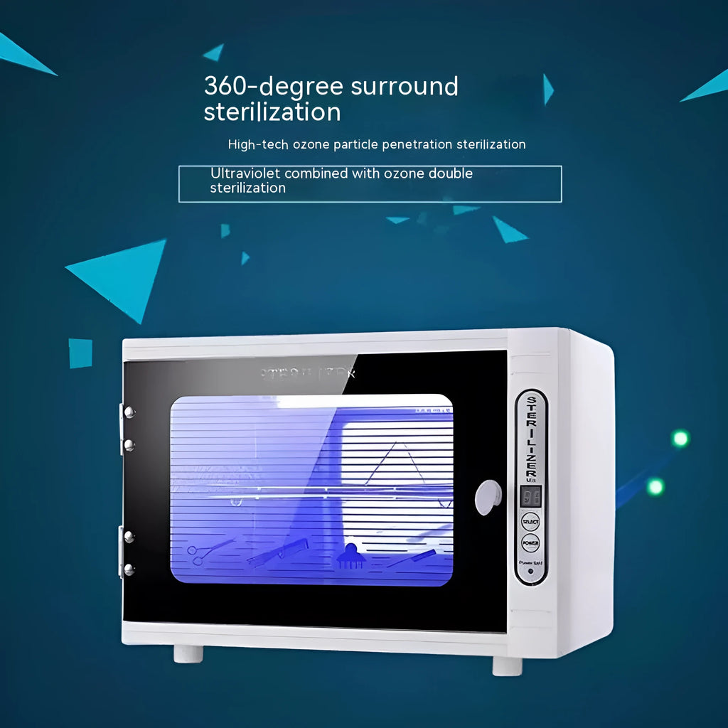 Small silver UV steriliser cabinet for nail salon and barber shop tools.