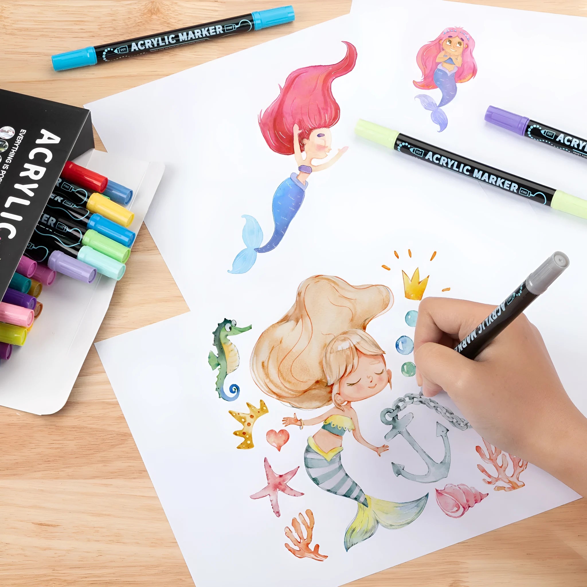 Household stackable dual-tip acrylic markers set showing fine and bullet points in a range of colours